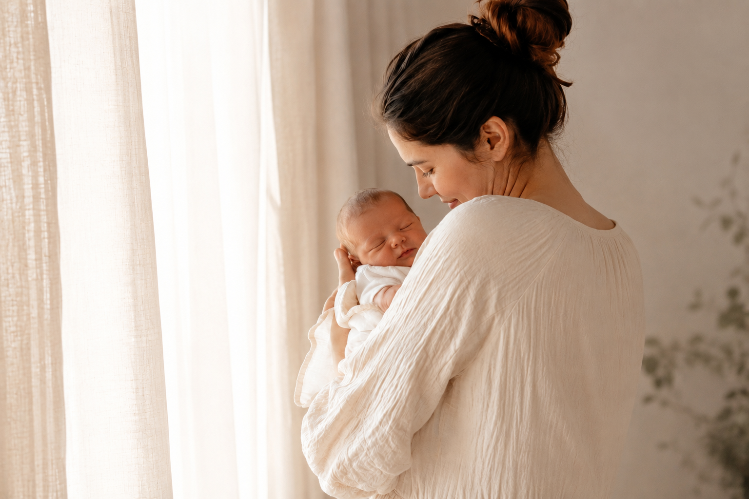 Maman avec son nouveau-né près d'une fenêtre